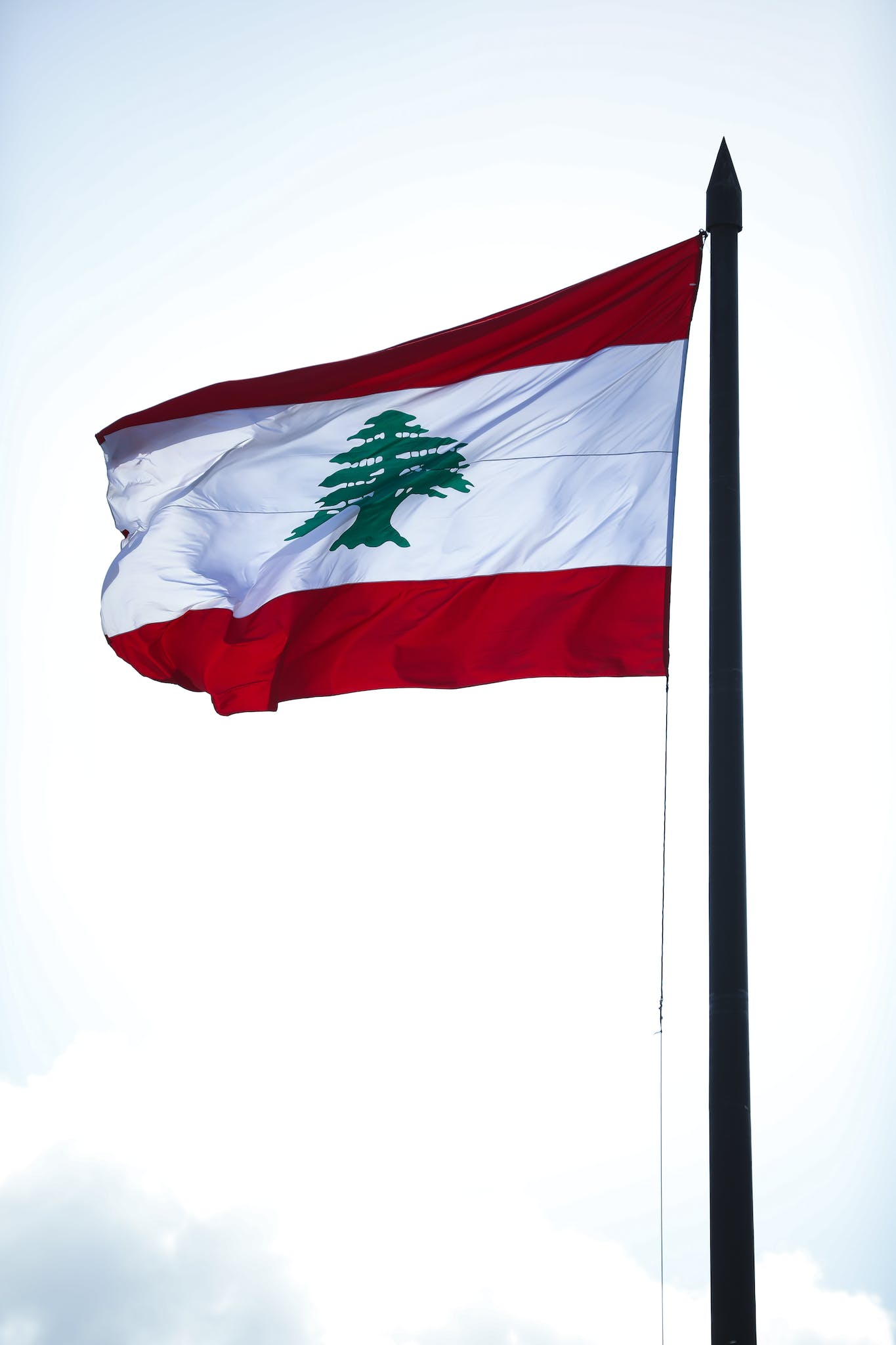 The lebanese flag is flying high in the sky