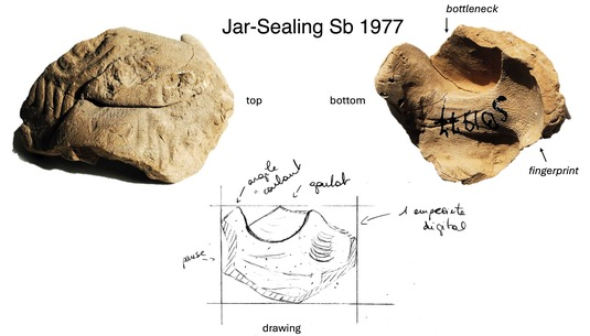 Sb 1977, DAO, Louvre Coll.: jar sealing, Glazed Steatite Style, Susa (Iran), beginning of the 3rd mill. BCE (photos & drawings Clélia Paladre)