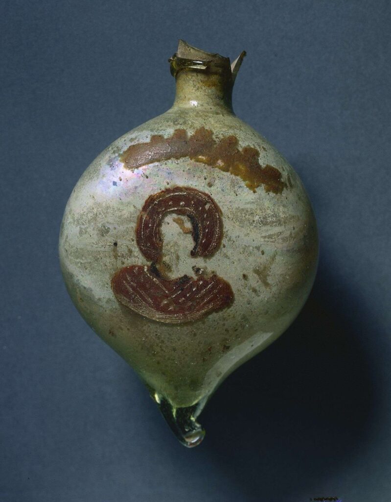 glass ampulla with painted saint, 5th to 6th c. Syria/Palestine, CMA 1999.236